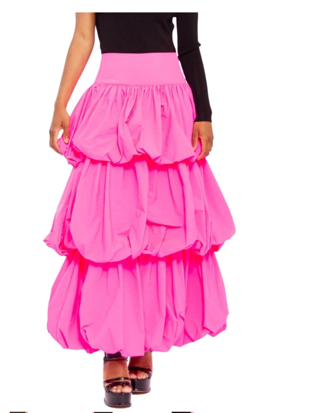 WS-1 Tiered Ruffle Maxi Skirt in Vibrant Hot Pink